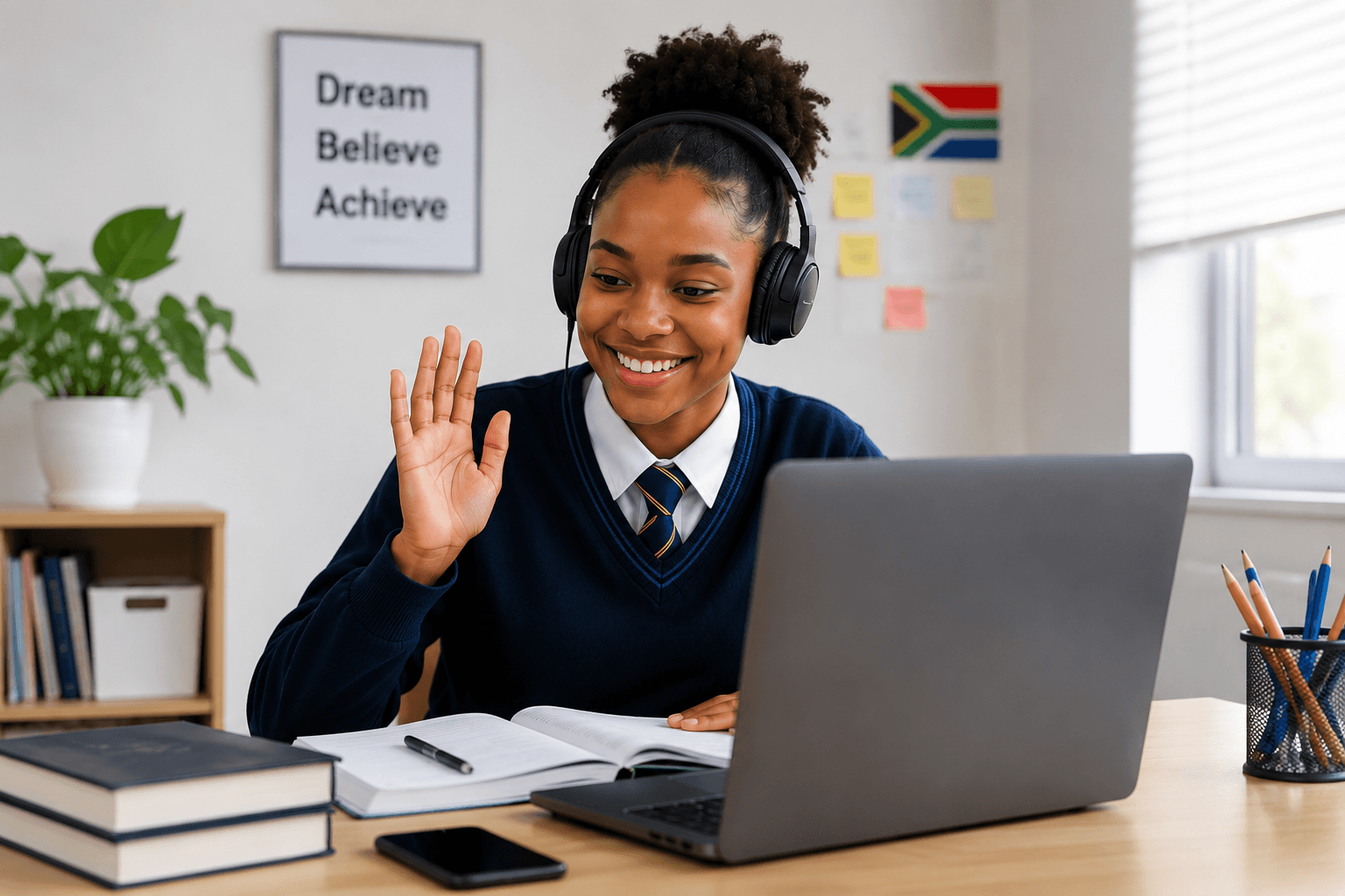 A South African student in school uniform waving during a live online tutoring session